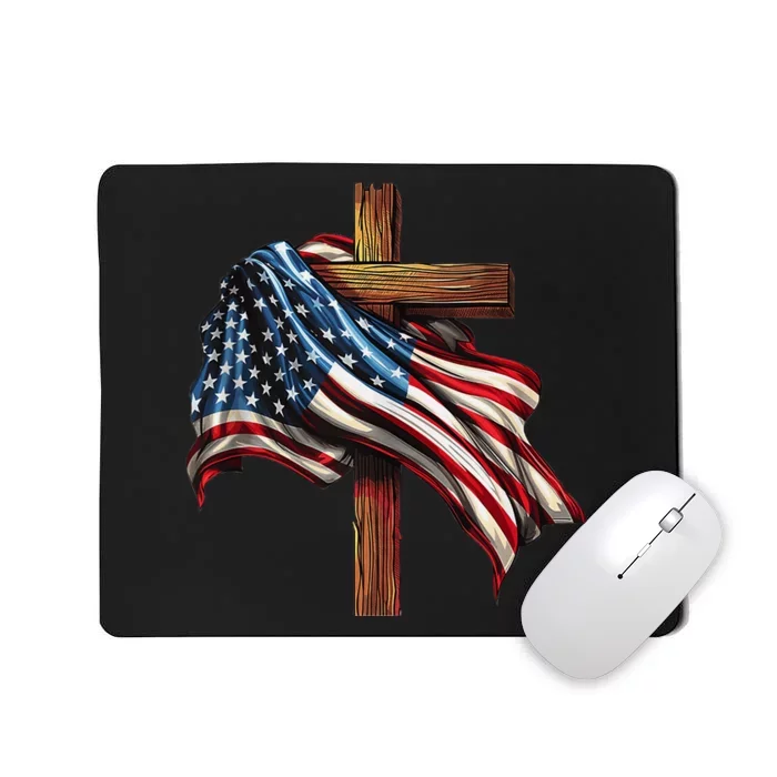 American Flag And Christian Cross Patriotic 4th Of July Mousepad