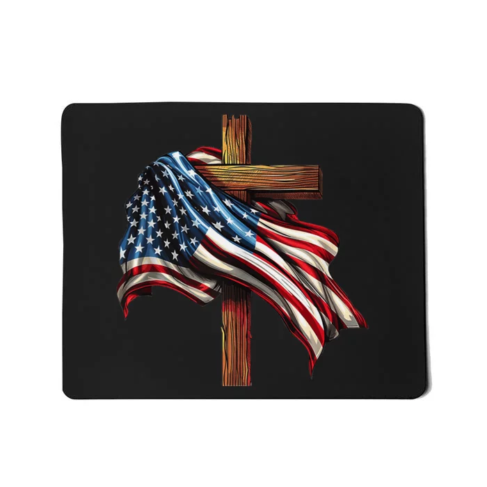 American Flag And Christian Cross Patriotic 4th Of July Mousepad