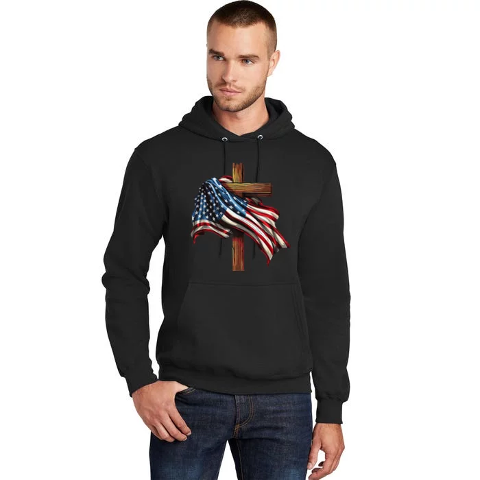 American Flag And Christian Cross Patriotic 4th Of July Tall Hoodie