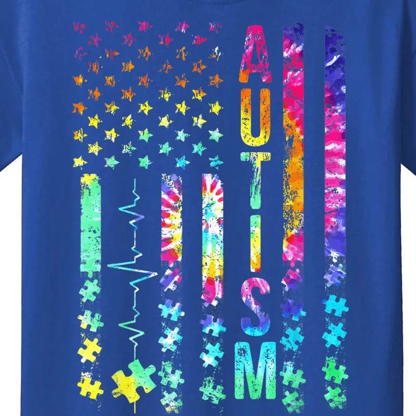 American Flag Autism Awareness Puzzle Support Tie Dye Kids T-Shirt