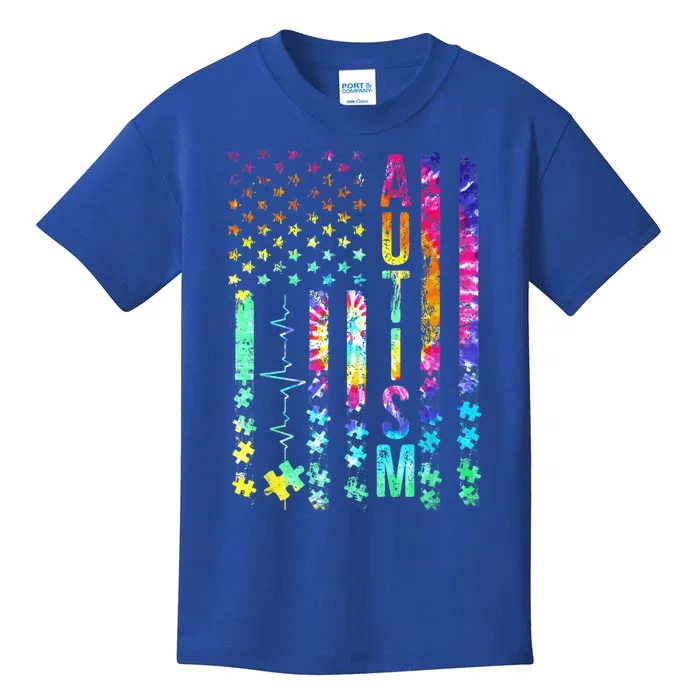 American Flag Autism Awareness Puzzle Support Tie Dye Kids T-Shirt