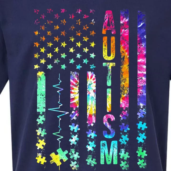 American Flag Autism Awareness Puzzle Support Tie Dye Sueded Cloud Jersey T-Shirt