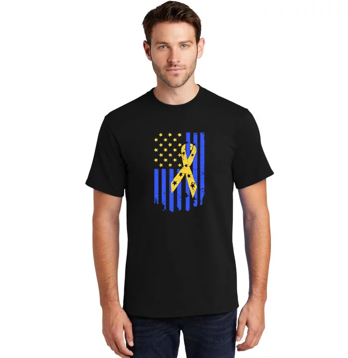 American Flag And Ribbon For Trisomy 21 Down Syndrome Ribbon Gift Tall T-Shirt