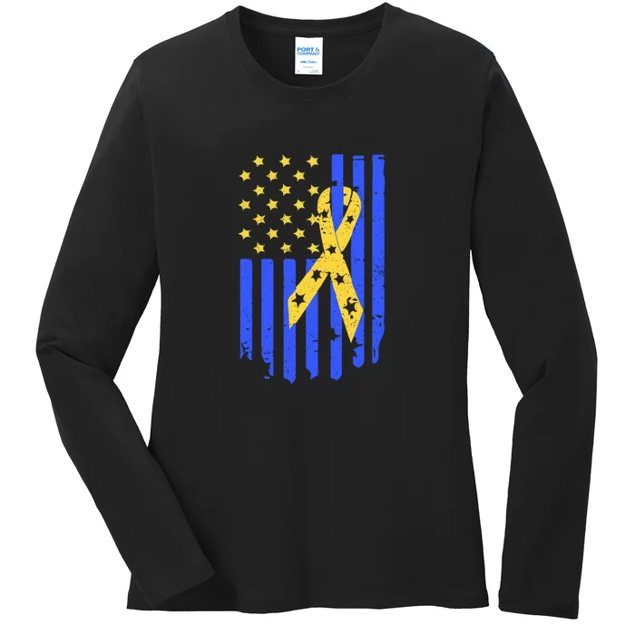 American Flag And Ribbon For Trisomy 21 Down Syndrome Ribbon Gift Ladies Long Sleeve Shirt