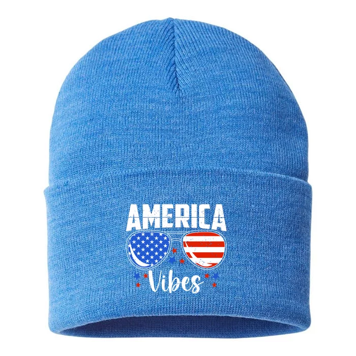 American Flag America Vibes 4th Of July Gift Sustainable Knit Beanie