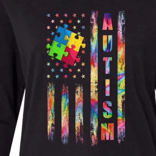 American Flag Autism Dad Mom Autism Awareness Puzzle Flag Gift Womens Cotton Relaxed Long Sleeve T-Shirt