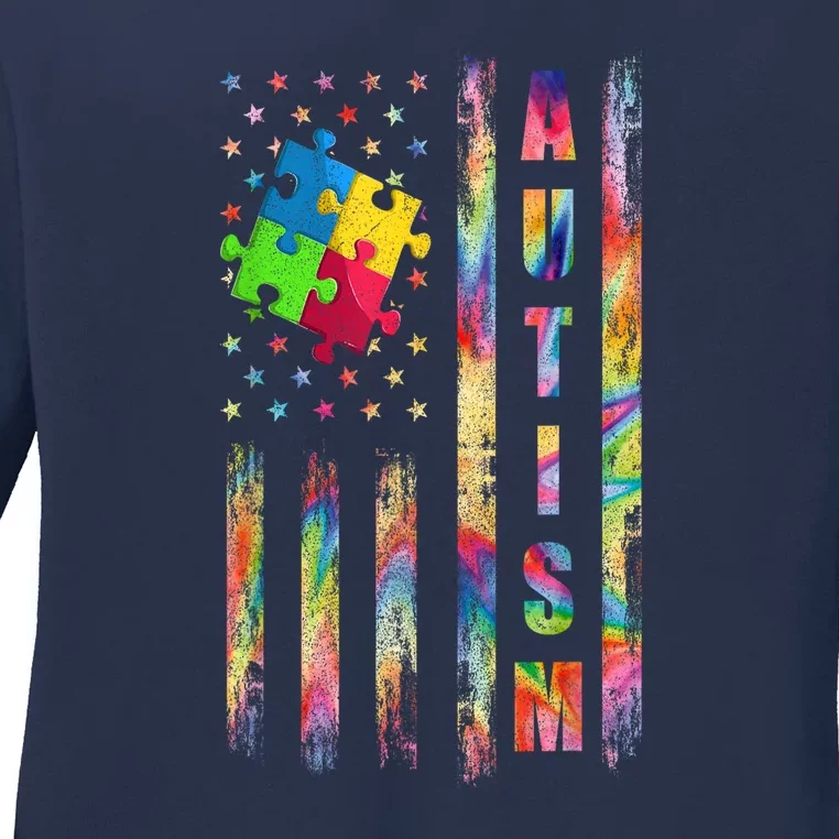 American Flag Autism Dad Mom Autism Awareness Puzzle Flag Gift Ladies Long Sleeve Shirt