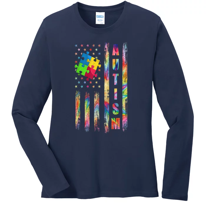 American Flag Autism Dad Mom Autism Awareness Puzzle Flag Gift Ladies Long Sleeve Shirt