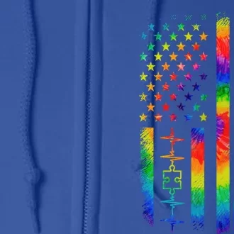 American Flag Autism Awareness Month Teacher Mom Tie Dye Meaningful Gift Full Zip Hoodie