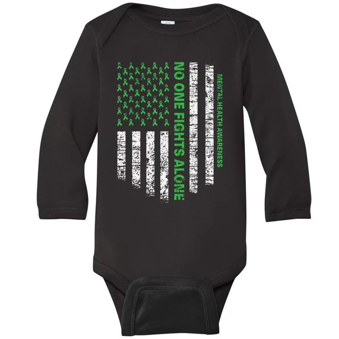 American Flag Alone Mental Health Awareness No One Fights Baby Long Sleeve Bodysuit