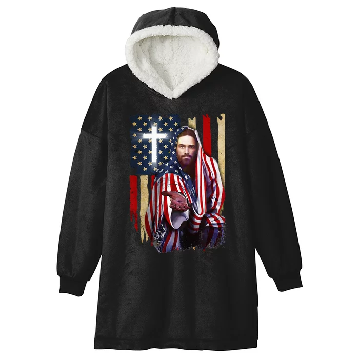 American Flag And Jesus Happy Independence Day 4th Of July Hooded Wearable Blanket