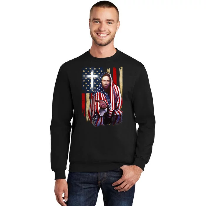 American Flag And Jesus Happy Independence Day 4th Of July Tall Sweatshirt