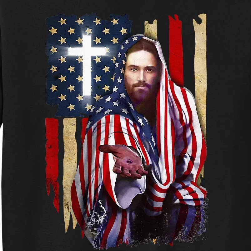 American Flag And Jesus Happy Independence Day 4th Of July Tall Sweatshirt