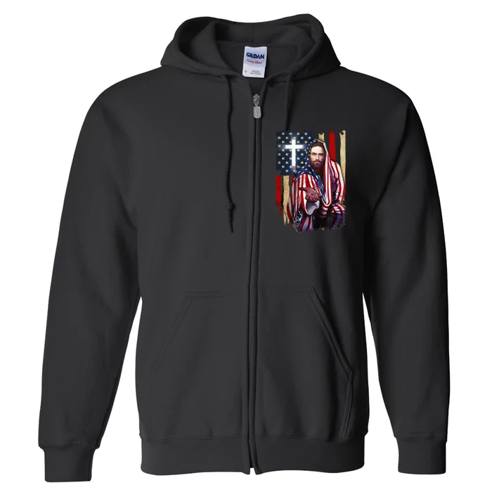 American Flag And Jesus Happy Independence Day 4th Of July Full Zip Hoodie