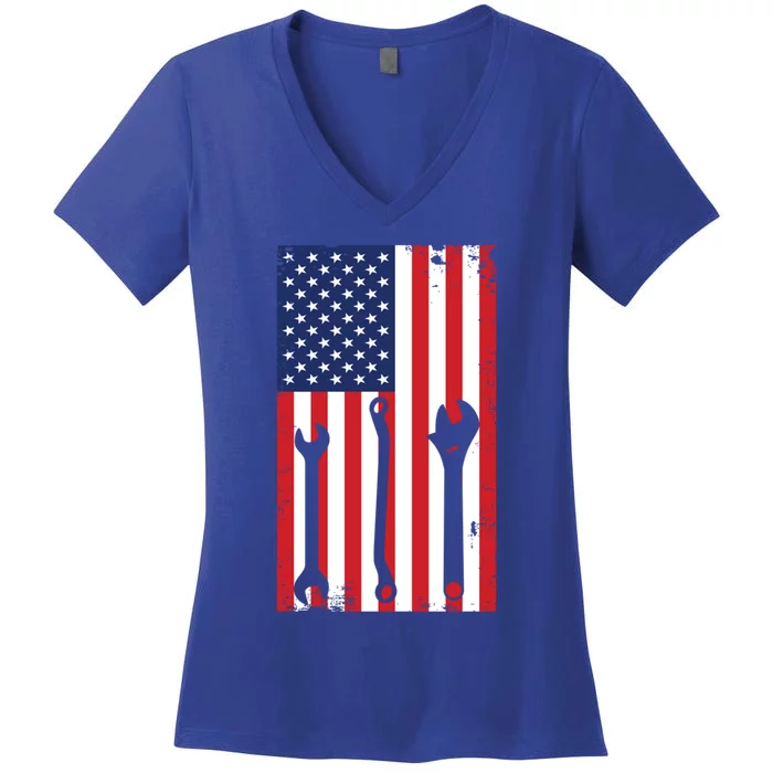 American Flag Auto Car Diesel Mechanic Dad Mechanics Gift Funny Gift Women's V-Neck T-Shirt