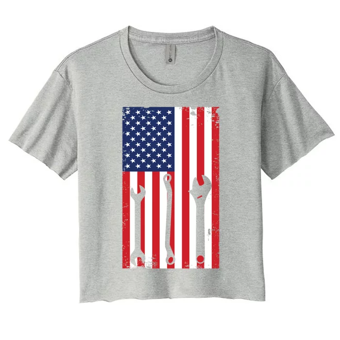 American Flag Auto Car Diesel Mechanic Dad Mechanics Gift Funny Gift Women's Crop Top Tee