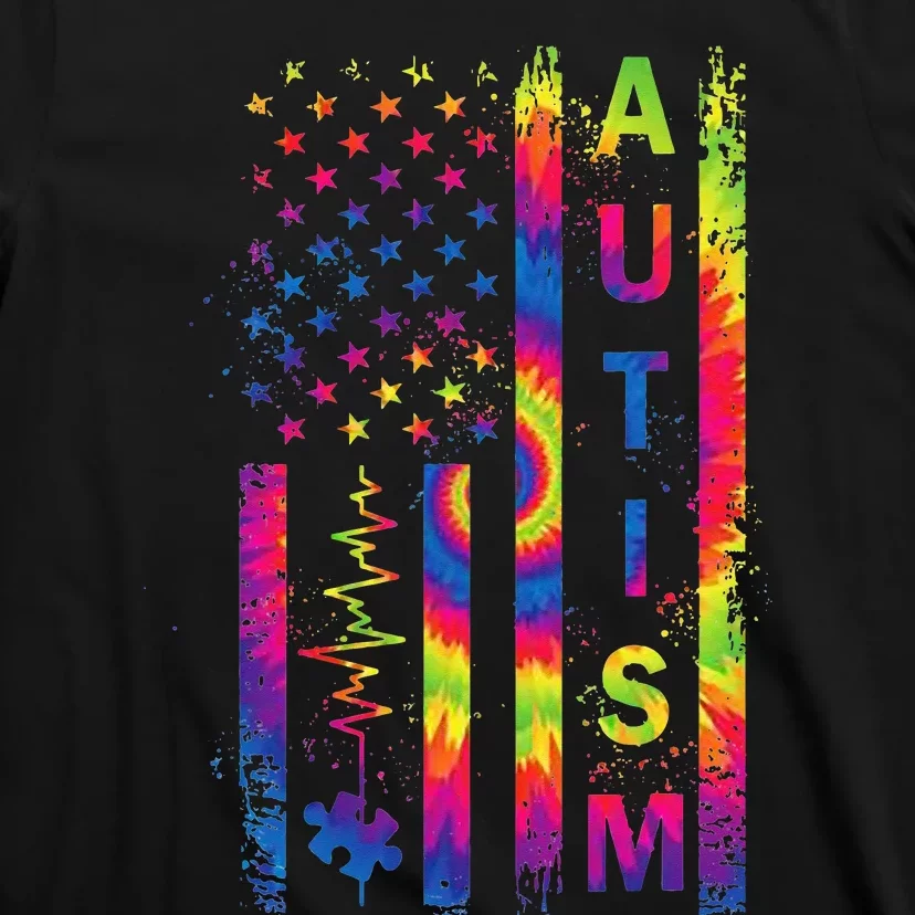 American Flag Autism Awareness Teacher Mom Support Tie Dye T-Shirt