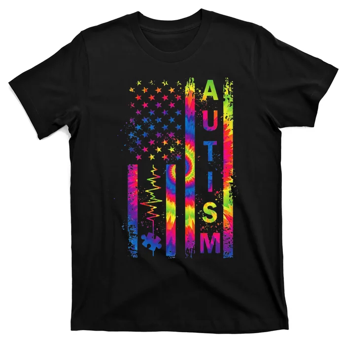 American Flag Autism Awareness Teacher Mom Support Tie Dye T-Shirt