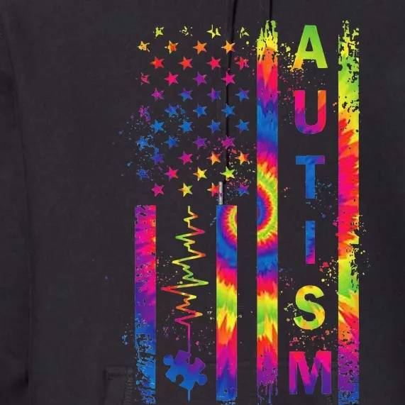 American Flag Autism Awareness Teacher Mom Support Tie Dye Premium Hoodie