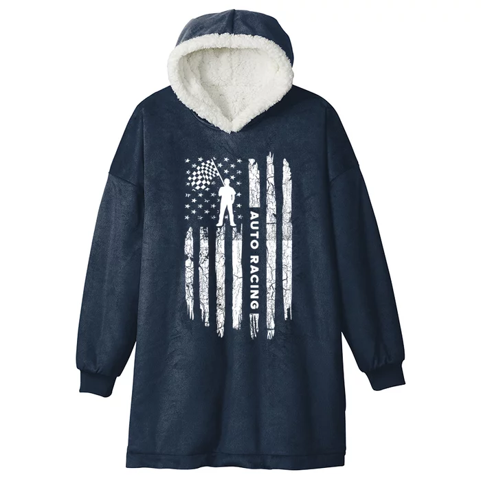 American Flag Auto Racing Clothing Gift Vintage Auto Racing Meaningful Gift Hooded Wearable Blanket