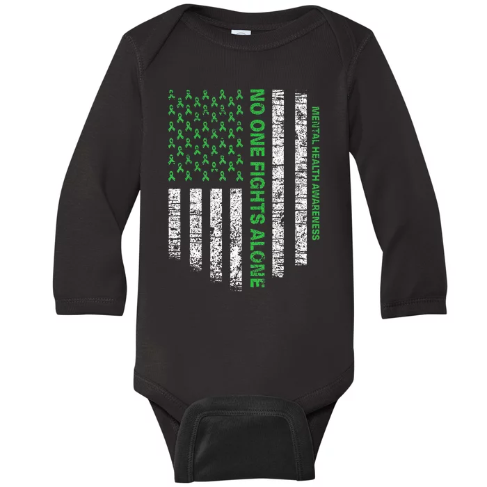 American Flag Alone Mental Health Awareness No One Fights Baby Long Sleeve Bodysuit