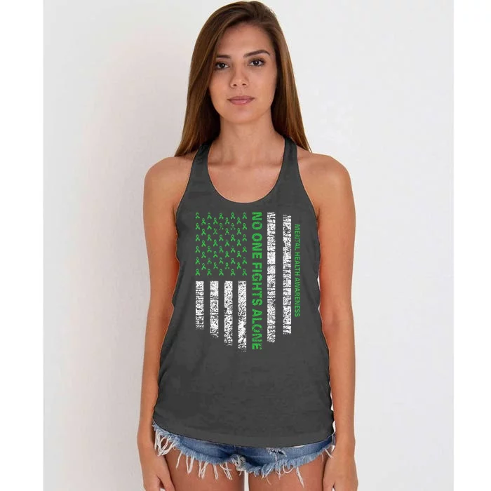 American Flag Alone Mental Health Awareness No One Fights Women's Knotted Racerback Tank