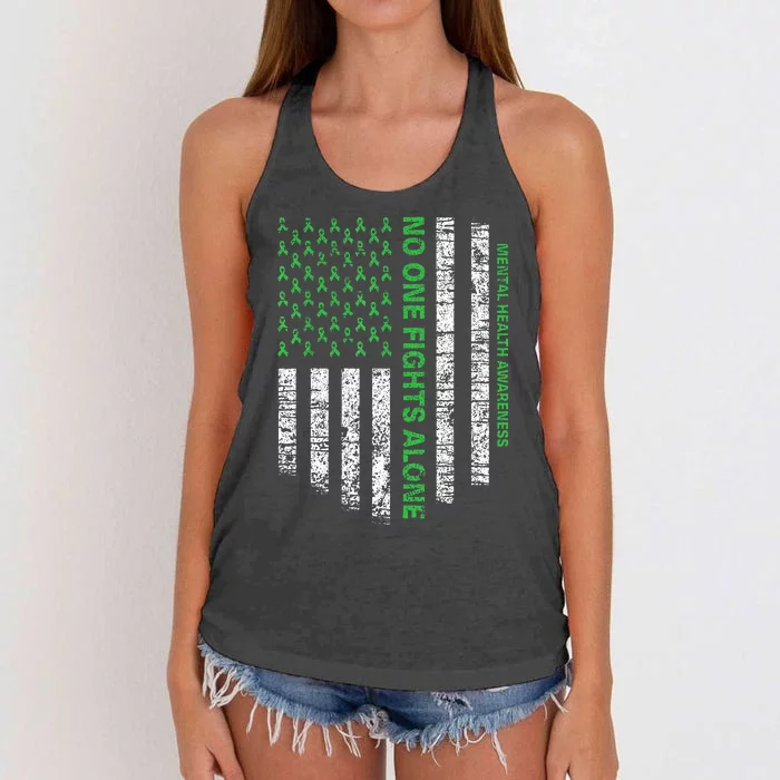 American Flag Alone Mental Health Awareness No One Fights Women's Knotted Racerback Tank