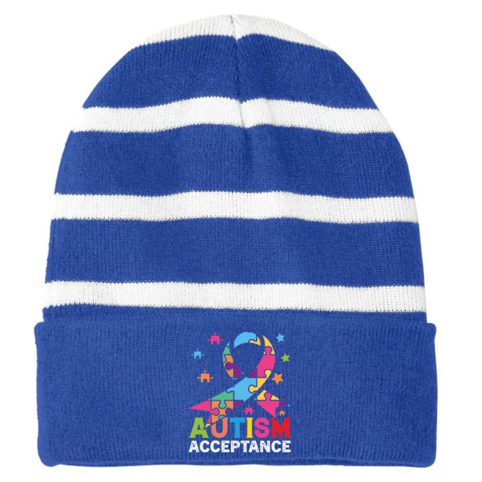 Acceptance For Autism Awareness Gift Striped Beanie with Solid Band