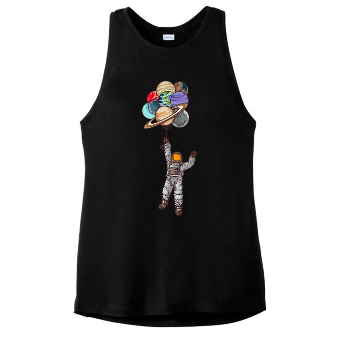 Astronaut Flying Away On Balloons Ladies Tri-Blend Wicking Tank