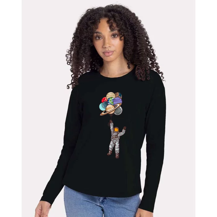 Astronaut Flying Away On Balloons Womens Cotton Relaxed Long Sleeve T-Shirt