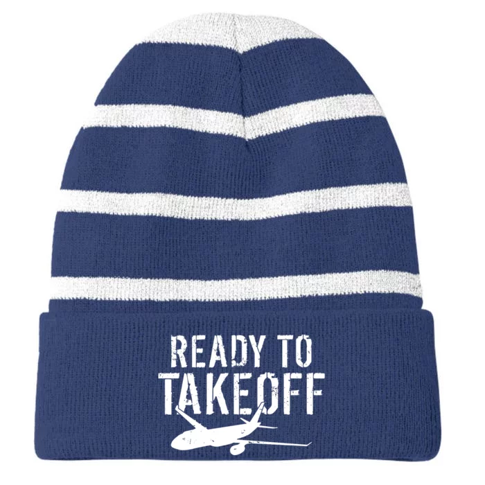 Airplane Flying Aircraft Ready To Take Off Pilot Premium Striped Beanie with Solid Band