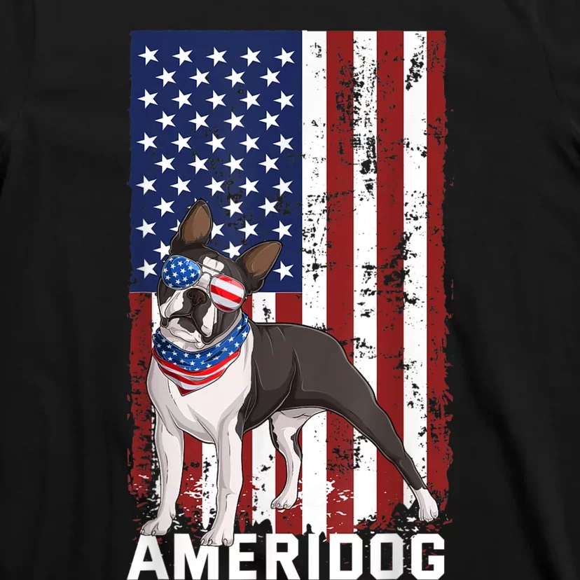 Ameridog Funny Boston Terrier With Sunglases American Flag T-Shirt