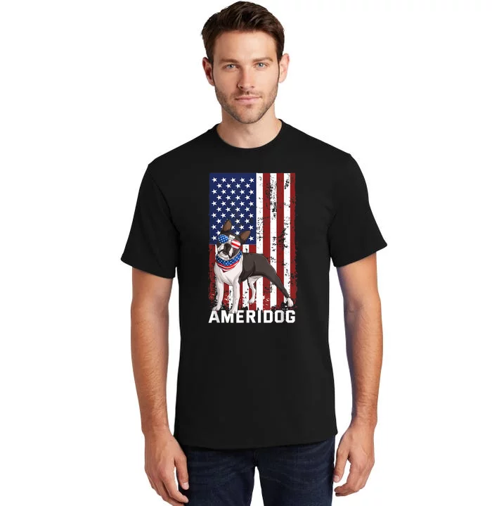 Ameridog Funny Boston Terrier With Sunglases American Flag Tall T-Shirt