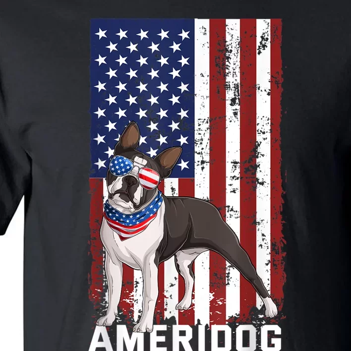 Ameridog Funny Boston Terrier With Sunglases American Flag Tall T-Shirt