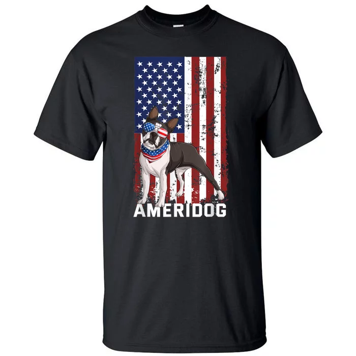 Ameridog Funny Boston Terrier With Sunglases American Flag Tall T-Shirt