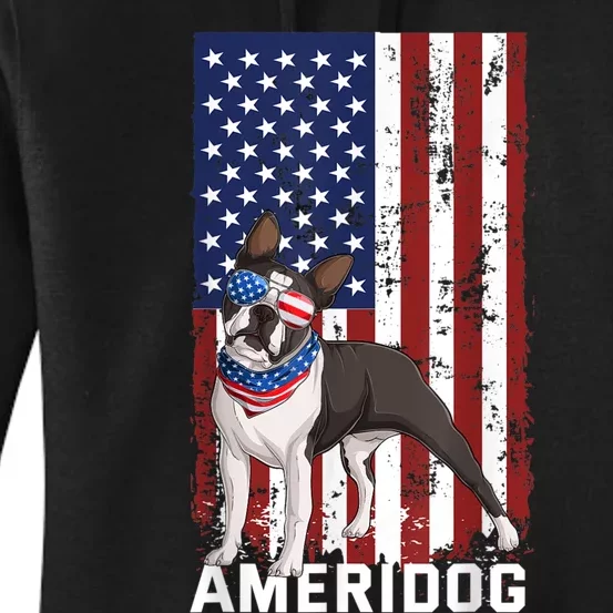 Ameridog Funny Boston Terrier With Sunglases American Flag Women's Pullover Hoodie