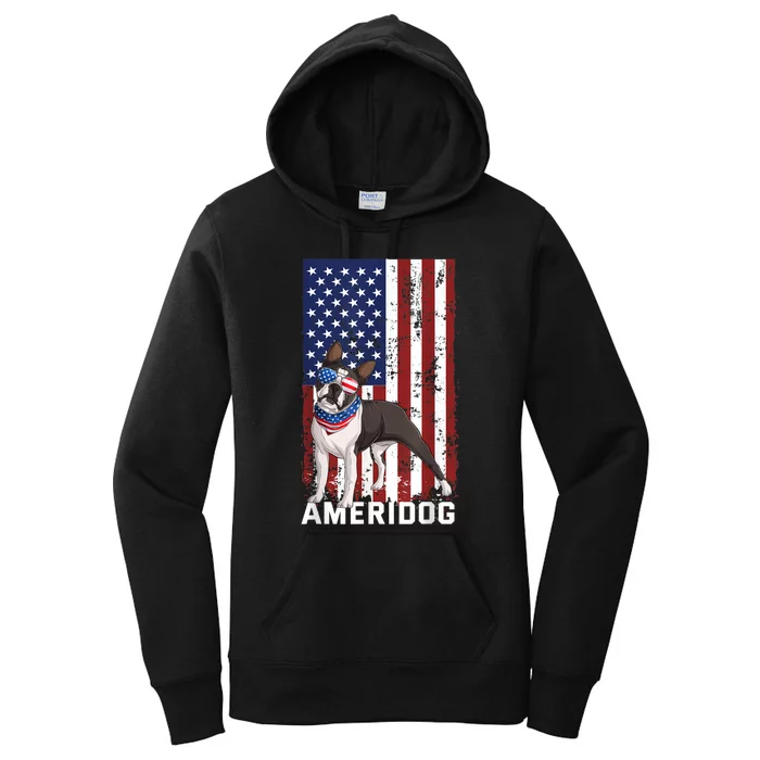 Ameridog Funny Boston Terrier With Sunglases American Flag Women's Pullover Hoodie