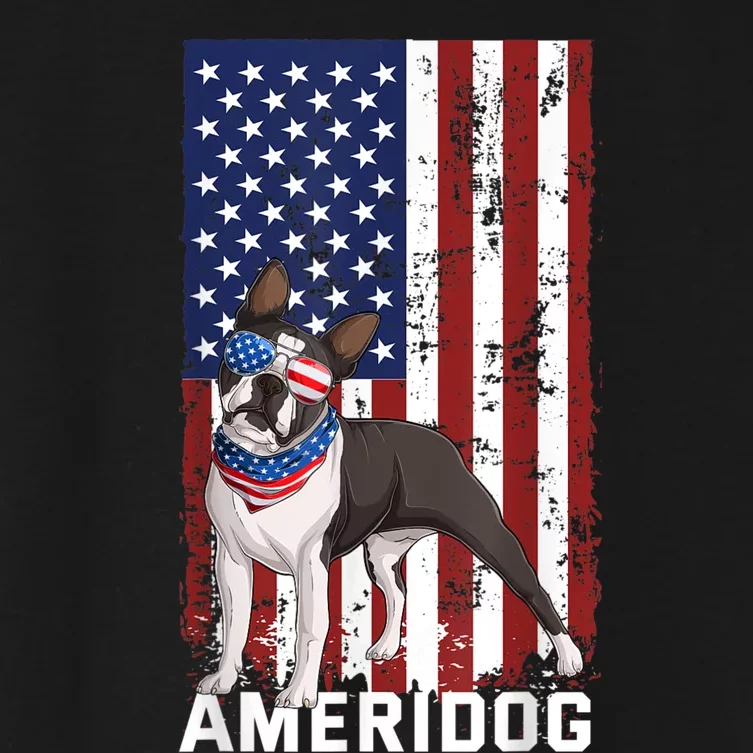 Ameridog Funny Boston Terrier With Sunglases American Flag Women's Crop Top Tee