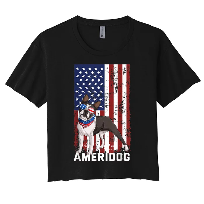 Ameridog Funny Boston Terrier With Sunglases American Flag Women's Crop Top Tee