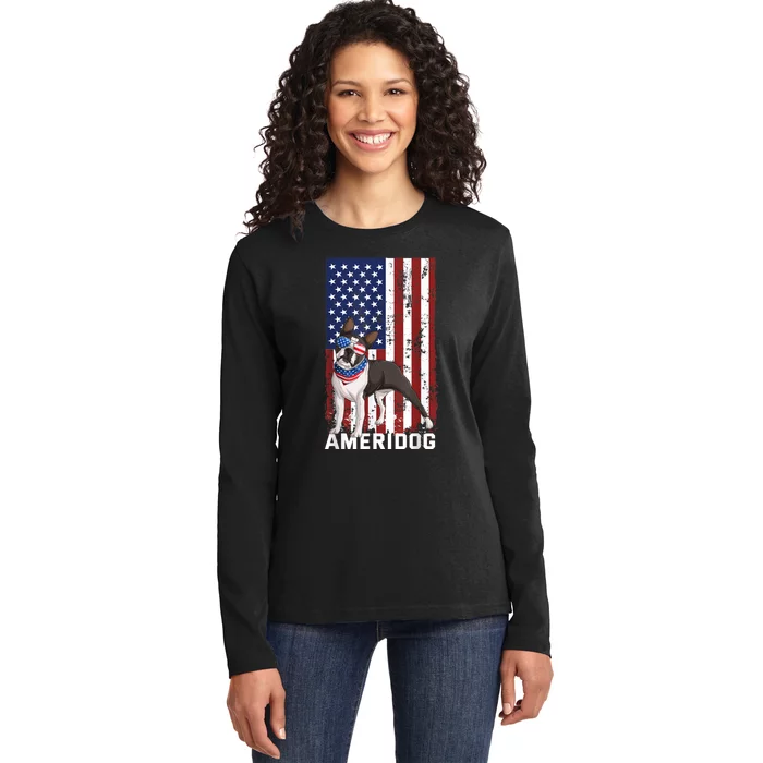 Ameridog Funny Boston Terrier With Sunglases American Flag Ladies Long Sleeve Shirt