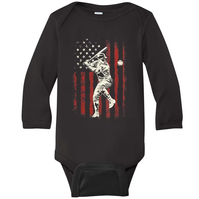 American Flag Baseball Team Gift for Boy Baby Long Sleeve Bodysuit