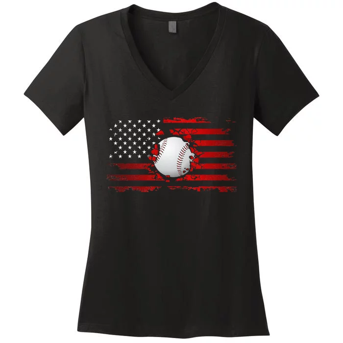 American Flag Baseball Apparel Baseball Women's V-Neck T-Shirt