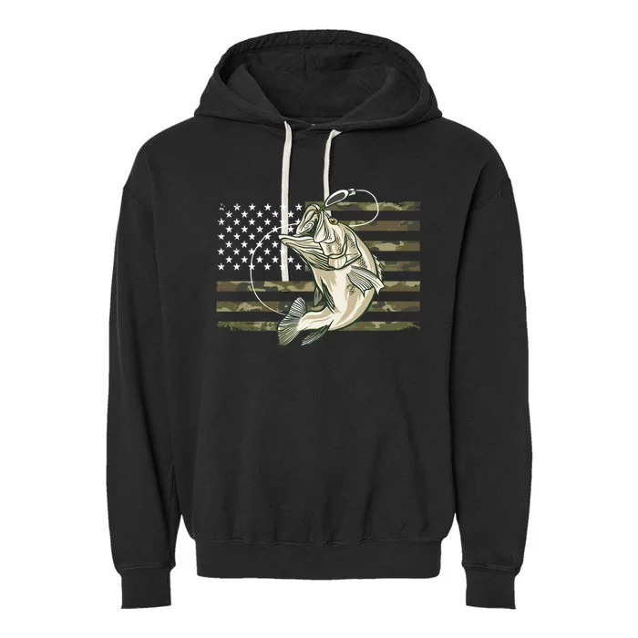 American Flag Bass Fish Fisherman Garment-Dyed Fleece Hoodie