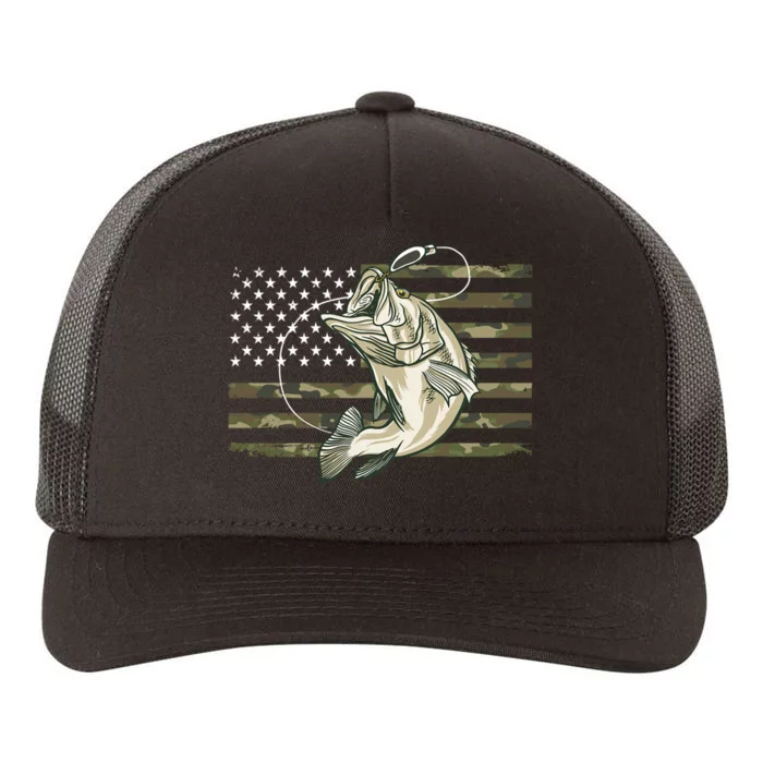 American Flag Bass Fish Fisherman Yupoong Adult 5-Panel Trucker Hat