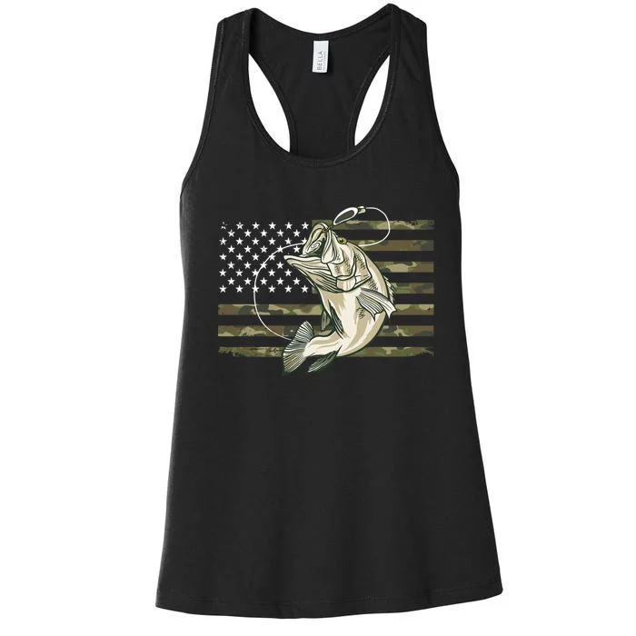 American Flag Bass Fish Fisherman Women's Racerback Tank