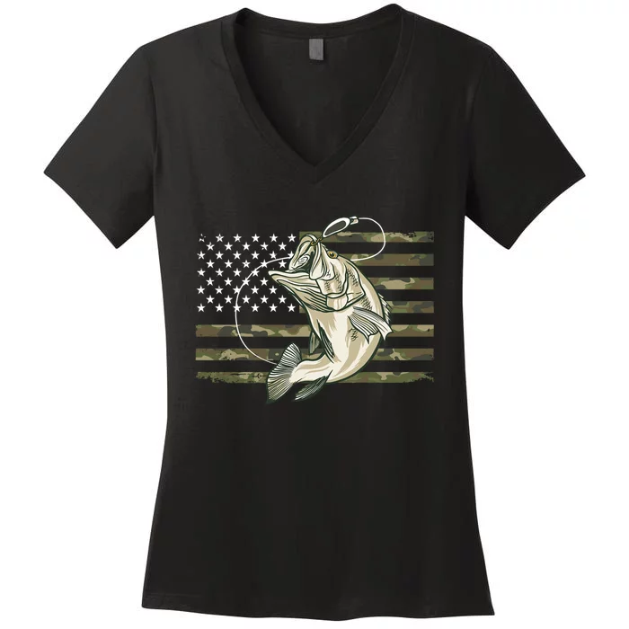 American Flag Bass Fish Fisherman Women's V-Neck T-Shirt