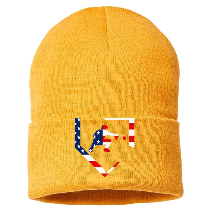 American Flag Baseball Catcher Gear Baseballin Gift Sustainable Knit Beanie