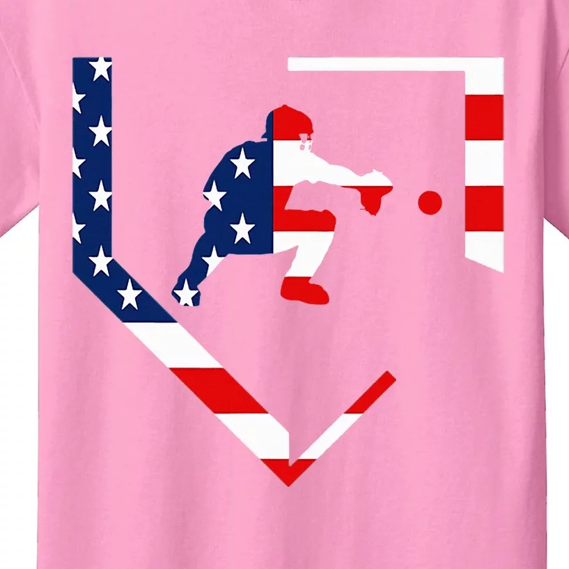 American Flag Baseball Catcher Gear Baseballin Gift Kids T-Shirt