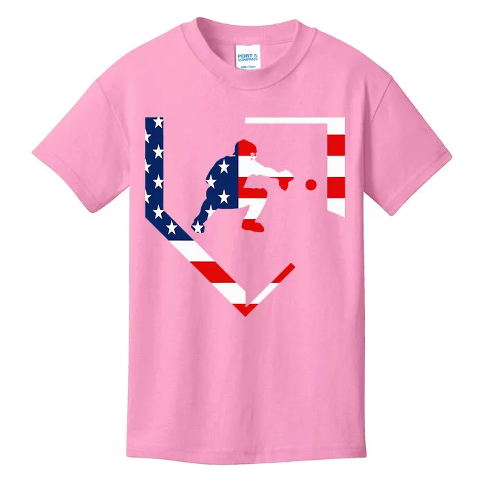 American Flag Baseball Catcher Gear Baseballin Gift Kids T-Shirt