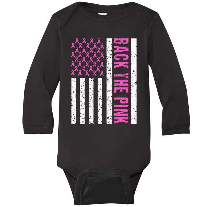 American Flag Back the Pink Breast Cancer Awareness Ribbon Baby Long Sleeve Bodysuit